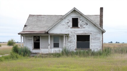 Abandoned Farmhouse Overgrown With Weeds In Field
