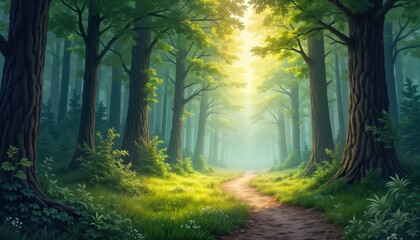 Fototapeta premium Sunlit path in mystic forest. Trees form canopy. Sunlight beams. Peaceful nature scene. Spiritual radiance. Glade inspires. Uplifting landscape. Perfect for meditation or fantasy themes.