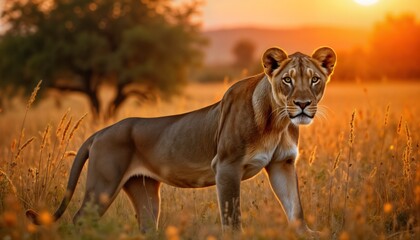 Lioness stands in savannah grass at sunset. Golden hour light bathes feline predator. Big cat hunts...