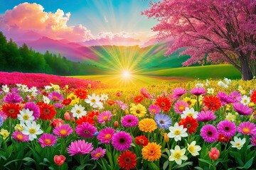 Fototapeta premium Vibrant Spring Landscape with Dynamic Flower Scene Exuding Energy