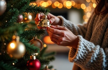 Obraz premium Woman decorates Christmas tree. Festive room. Hands add vintage bell ornament. Cozy sweater. Winter holidays prep. Celebration mood. Christmas tree decoration. Golden bauble. Home interior. Christmas