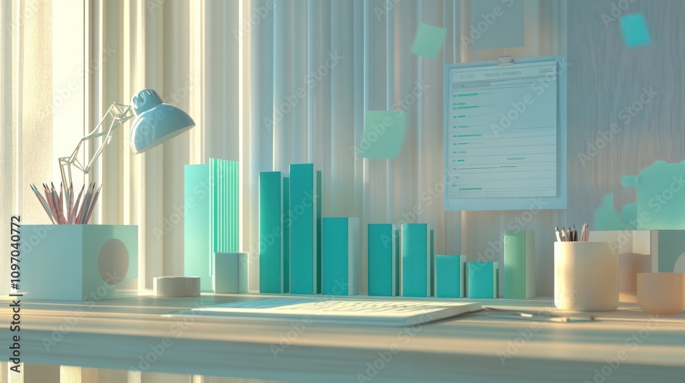 Aufkleber a modern workspace featuring a desk, lamp, and colorful data visualizations.