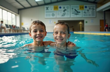 Two kids smile in pool water. Boy and girl enjoy swim lesson. Happy children learn to swim. Indoor aquatic activity. Youth sport. Healthy lifestyle. Fun recreation. Child development.