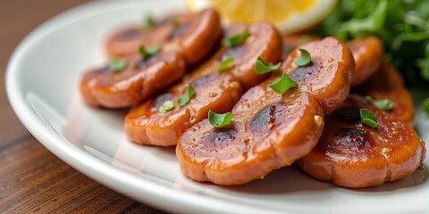 Grilled sausage slices with herbs on white plate