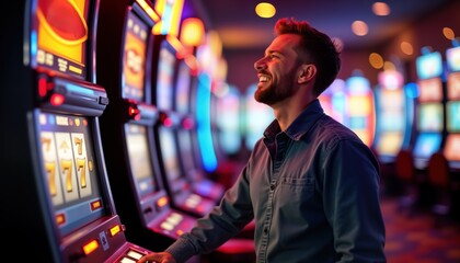 Man plays slot machine game in casino. Happy guy wins at gambling. Male person enjoys nightlife entertainment. Adult gambler smiles. He uses digital buttons. Bright lights illuminate casino floor.