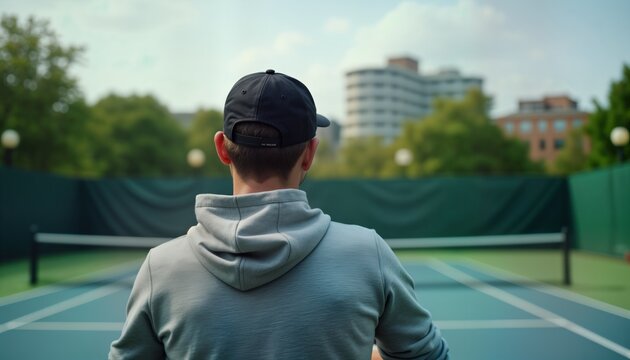 Man watches tennis match. Umpire sits courtside. He wears hoodie cap. Game day. Outdoor tennis court. Urban setting. Active lifestyle. Sport. Fitness.
