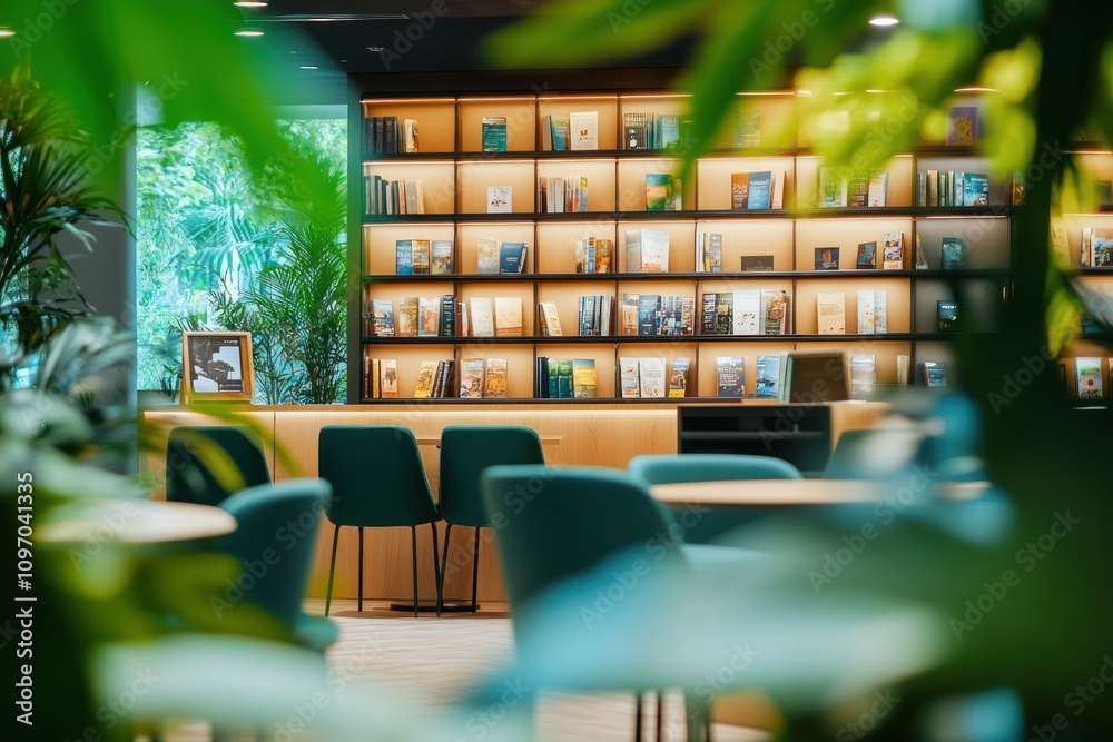 Poster a modern library space with bookshelves and seating surrounded by greenery.