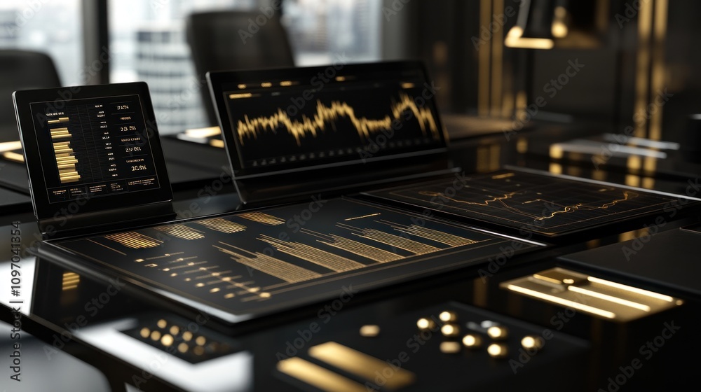 Poster A sleek workspace featuring digital screens displaying financial data and charts.