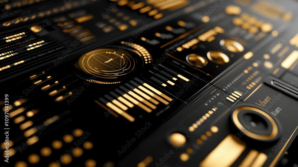 Poster Abstract digital interface with gold accents and data visualizations.