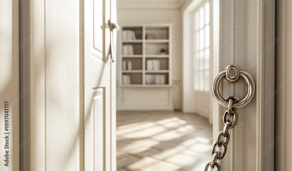 Poster a door partially open, revealing a well-lit room with shelves and a chain securing it.