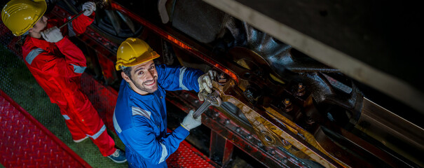 Engineer checking construction process railway and checking work on railroad station . Railway engineer checking machines in train station. Train engineer concept