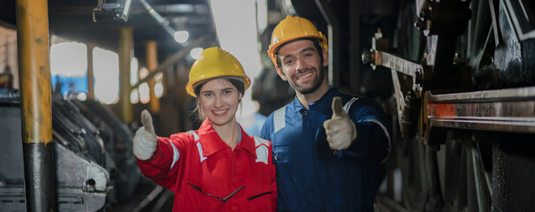 Engineer checking construction process railway and checking work on railroad station . Railway engineer checking machines in train station. Train engineer concept