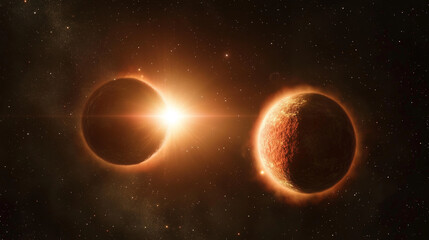 A celestial scene featuring twin stars orbiting each other, casting golden and reddish light on a nearby planet