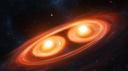 A celestial scene featuring twin stars orbiting each other, casting golden and reddish light on a nearby planet