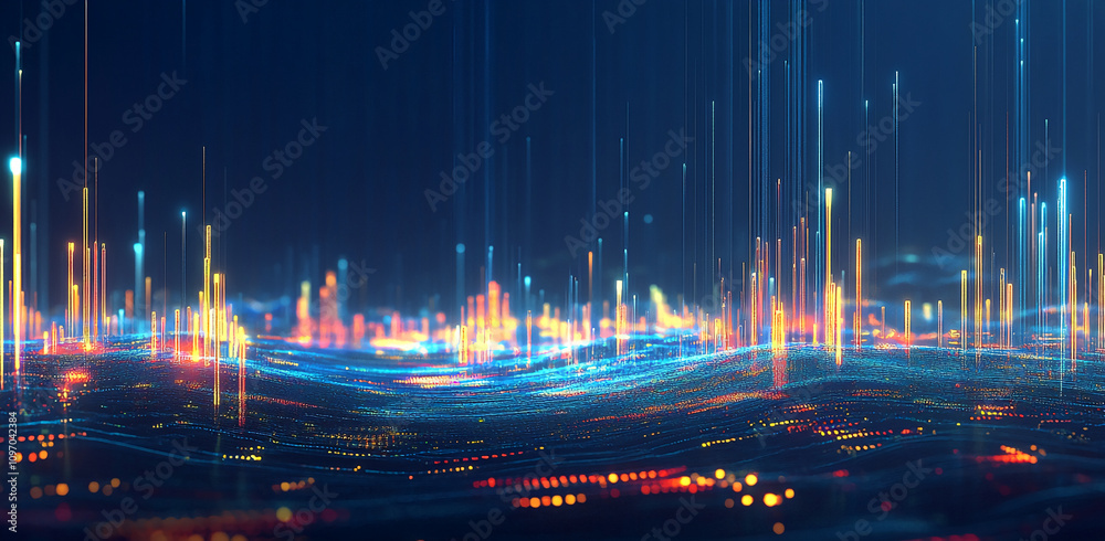 Poster Vibrant abstract landscape showcasing dynamic light patterns and energy waves in a digital universe