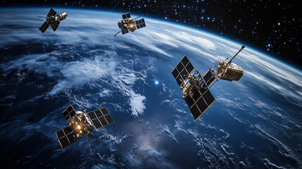 Fototapeta premium A fleet of satellites orbiting Earth, with their metallic structures glinting against a dark backdrop