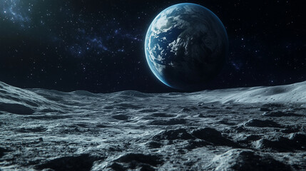 A serene depiction of Earthrise as seen from the MoonÃÂ¢ÃÂÃÂs surface, showcasing the fragility of the planet