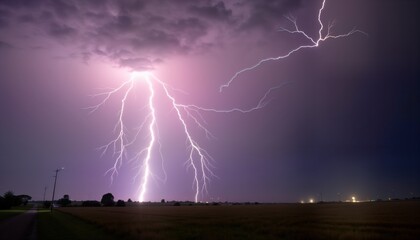 Powerful lightning bolt strikes rural landscape. Night sky illuminated. Stormy weather over flat field. Dramatic nature photography. Energy electricity power flash. Bright light in dark sky. Oklahoma