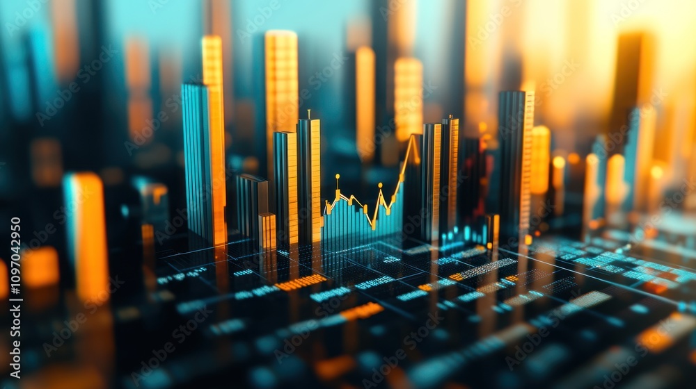 Poster a digital cityscape with financial graphs and data overlays, representing business analytics.