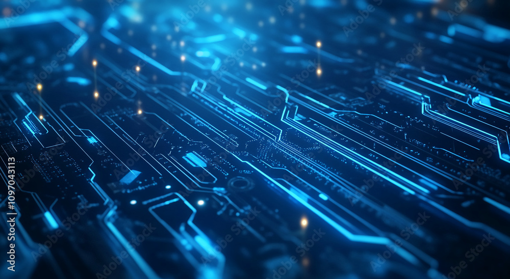 Poster abstract representation of digital circuitry illuminated by blue lights