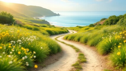 A dreamy tilt-shift beach road, lush grass, AI-enhanced.