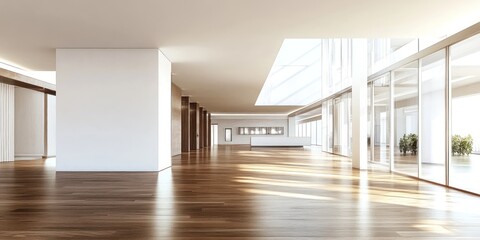 Obraz premium Modern minimalist office hallway with wood floor and glass walls