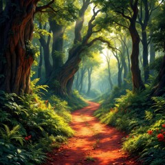 Obraz premium A deep focus on a red dirt forest road.