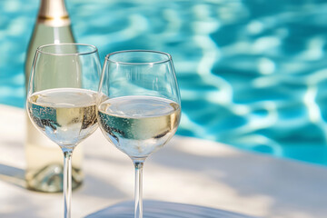 A bottle of sparkling wine and glasses served by the poolside