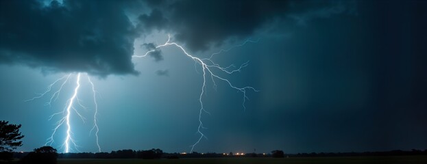 Bright lightning strikes dark stormy night sky. hits field. Dramatic cloudscape. Powerful nature. Summer weather. Gloomy background. Electrical energy. Horror movie scene. Bad weather. Nature power.