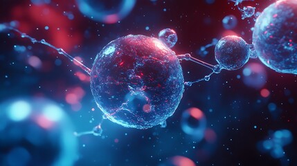 Naklejka premium Abstract molecules and vibrant blue red connections symbolizing scientific research