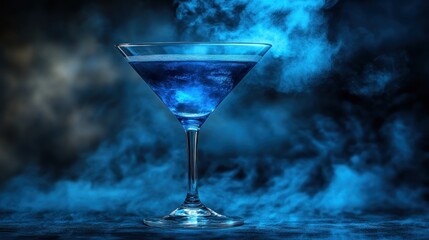 Blue cocktail in martini glass with smoke. (1)