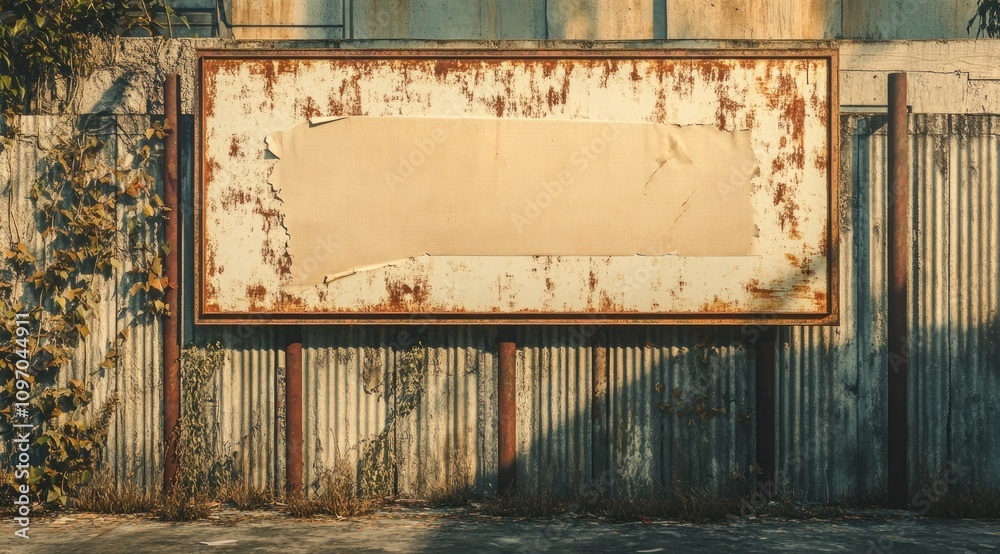 Poster A weathered blank billboard surrounded by rust and vines, suggesting neglect or abandonment.