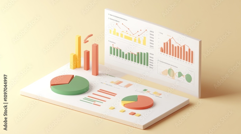 Poster 3D visualization of colorful graphs and charts for data analysis and presentation.