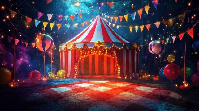 Colorful circus tent with festive decorations and bright lights set for an evening celebration