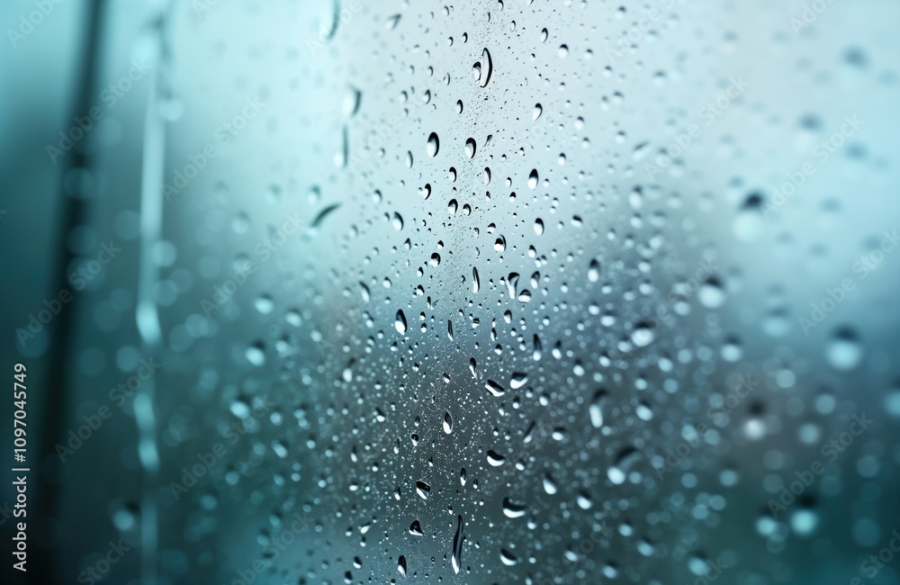 Poster Water droplets on glass surface. Rain runs down window. Condensation texture. Closeup view of moisture. Abstract background image. Wet transparent surface. Dripping water pattern. Nature photography.