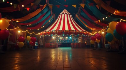 Colorful circus tent illuminated at night with festive lights and decorations in a lively outdoor setting