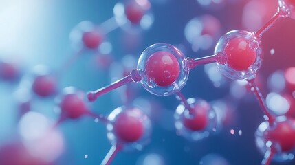 Abstract blue and red molecule network highlighting chemical bonds research