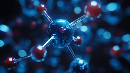 Abstract blue and red molecule network highlighting chemical bonds research