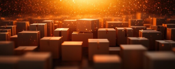Obraz premium Abstract 3D rendering of stacked cardboard boxes in golden light with glowing particles. Logistics and delivery concept with dramatic lighting and depth. 8k ecommerce concept banner background