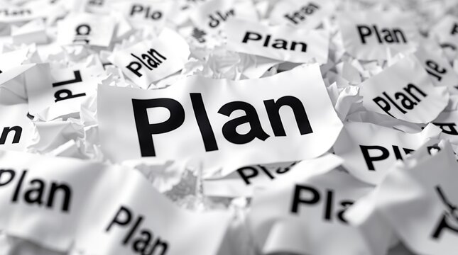 "PLAN" word on scattered white papers