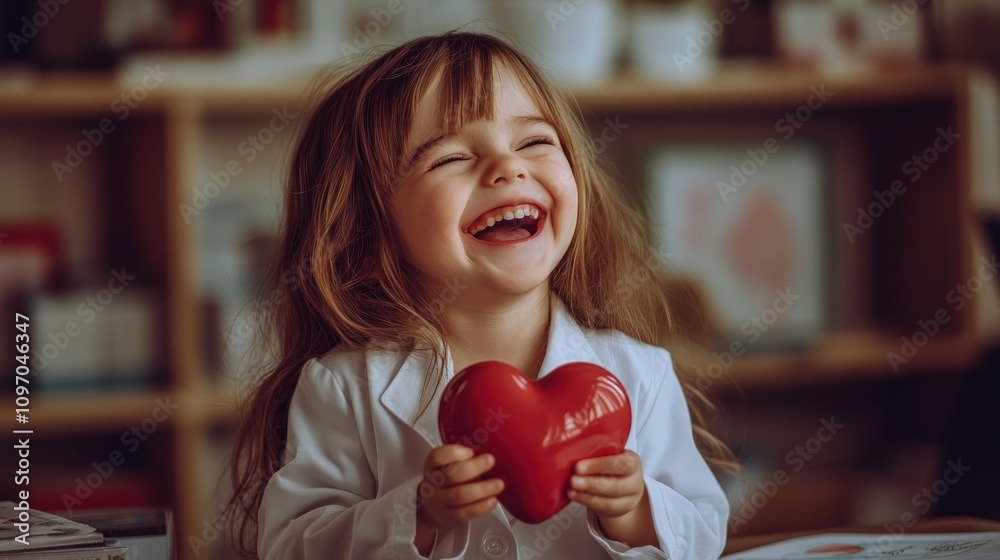 Aufkleber a joyful child in a lab coat holds a red heart, symbolizing love and care in a playful setting.