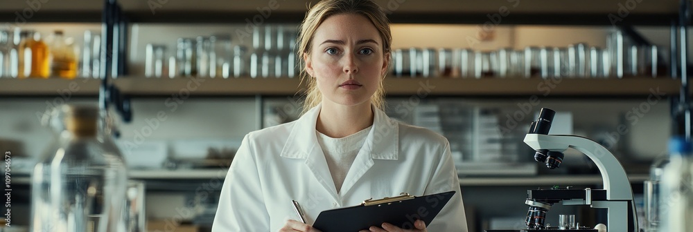 Poster a scientist in a lab coat holds a clipboard, appearing focused in a laboratory setting.