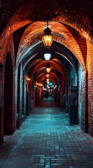 Fototapeta premium Mysterious stone corridor illuminated by vintage lamps, creating a warm atmosphere.