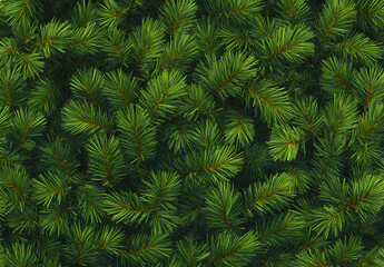 Green pine tree branches in close - up. Natural evergreen wallpaper for Christmas and New Year celebration.