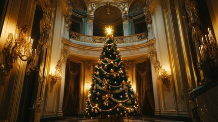 Obraz premium A beautifully decorated Christmas tree in an opulent, golden-hued interior.