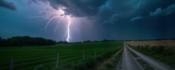 Lightning strikes rural farmland. Dramatic stormy night sky. Country road cuts through green fields. Powerful nature. Dark clouds. Intense weather. Farmland scene. Summer storm. Bright flash. Night