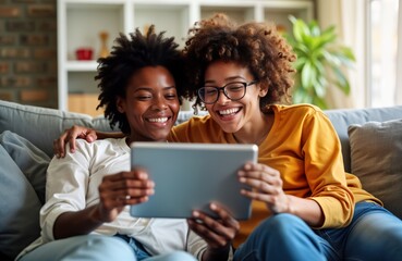 Happy lesbian couple uses tablet at home. Two smiling women relax on sofa. Diverse girls enjoy leisure time. Romantic same sex partners hug. Online shopping or gaming fun.