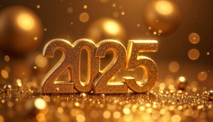 Golden 2025 text with festive bokeh background.