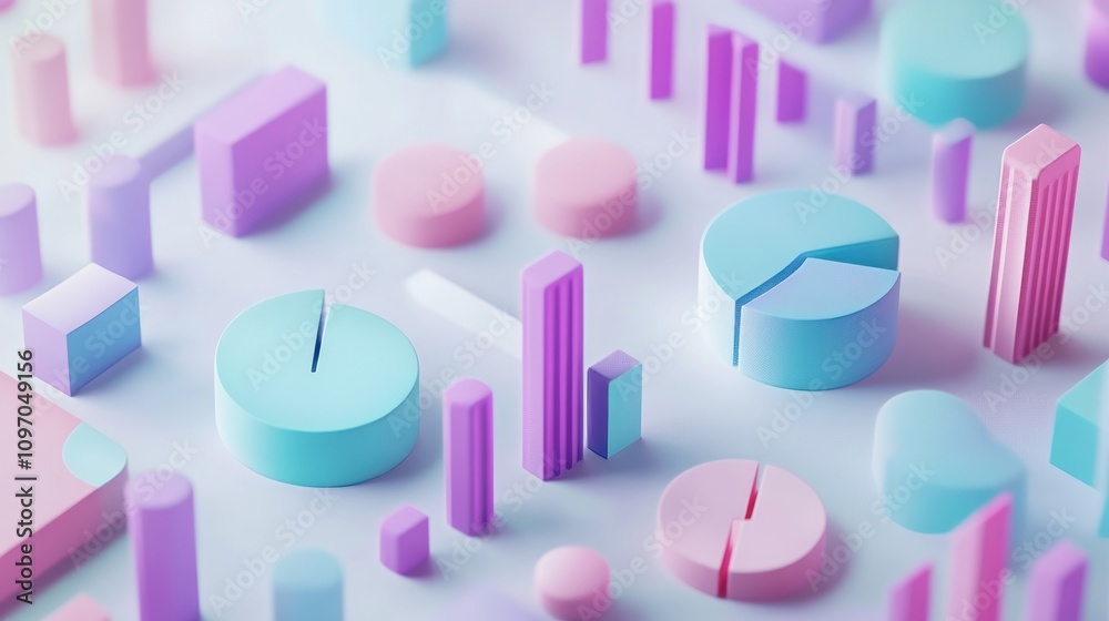 Poster Abstract data visualization with colorful geometric shapes representing graphs and statistics.