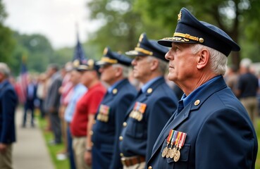Military officers stand in formation. Men wear formal navy blue uniforms. They have medals. Outdoor ceremony. Patriotic event. Remembrance day. Veterans honor. Formal military attire.